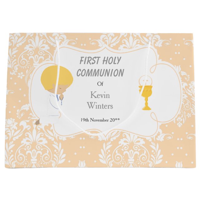 Erste Kommune Blonde Boy Peach Damask Große Geschenktüte (Vorderseite)