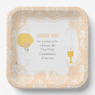 Erste Kommune Blonde Boy Peach Damask Pappteller