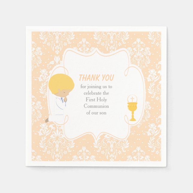 Erste Kommune Blonde Boy Peach Damask Serviette (Vorderseite)