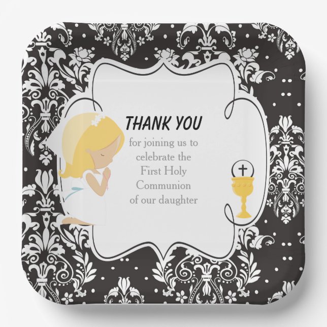 Erste Kommune Blonde Girl Black Damask Pappteller (Vorderseite)