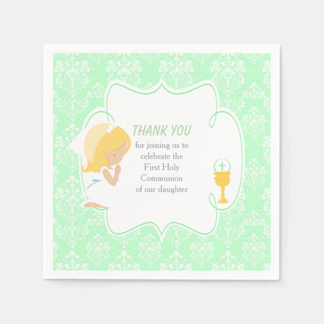 Erste Kommune Blonde Girl Green Damask Serviette (Vorderseite)