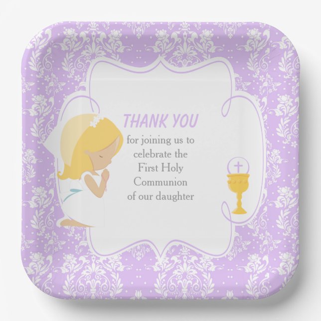 Erste Kommune Blonde Girl Lila Damask Pappteller (Vorderseite)