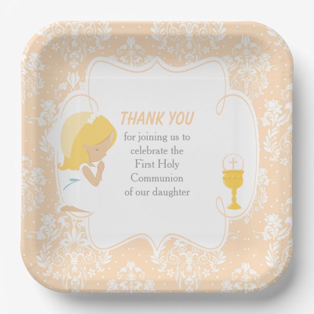 Erste Kommune Blonde Girl Peach Damask Pappteller (Vorderseite)