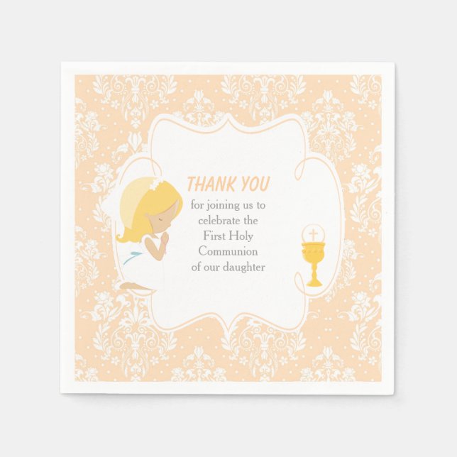 Erste Kommune Blonde Girl Peach Damask Serviette (Vorderseite)