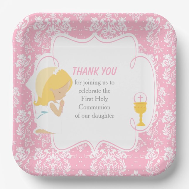 Erste Kommune Blonde Girl Pink Damask Pappteller (Vorderseite)