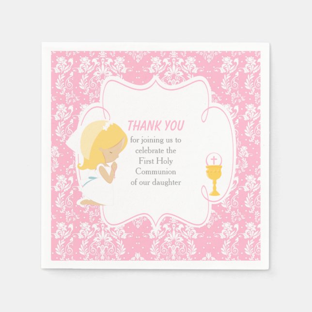 Erste Kommune Blonde Girl Pink Damask Serviette (Vorderseite)