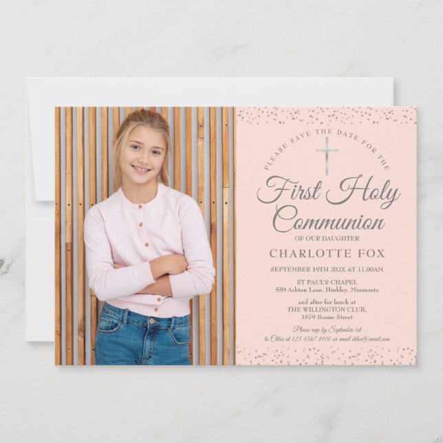 Erste Kommune Blush Pink Stardust Foto Save The Date (Vorderseite)