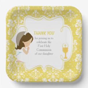 Erste Kommune Brünett Girl Gold Damask Pappteller