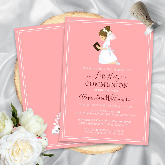 Erste Kommune Brünett Girl Pink Einladung (First Communion Brunette Girl Peach Pink Invitation)