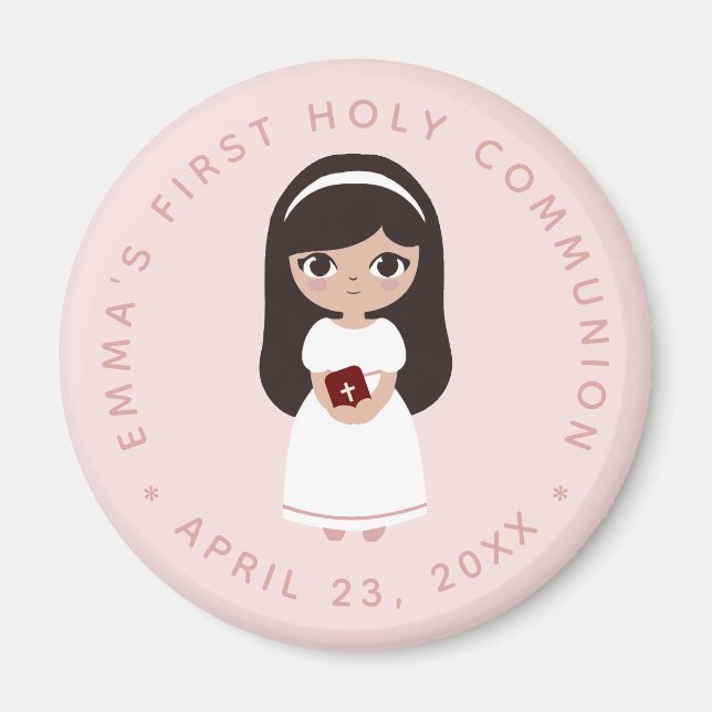 Erste Kommune Brünett Girl Pink Niedlich katholisc Magnet (Vorne)