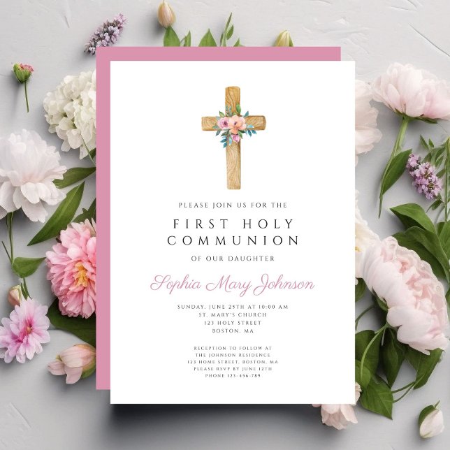 Erste Kommune der niedlichen Blumenkreuz Einladung (Cute Floral Cross Girl First Communion Invitation)
