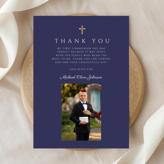 Erste Kommune des Blue Cross Boy Foto Dankeskarte (Navy Blue Cross Boy Photo First Communion Thank You Card)