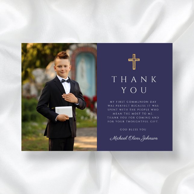 Erste Kommune des Blue Cross Boy Foto Dankeskarte (Navy Blue Cross Boy Photo First Communion Thank You Card)