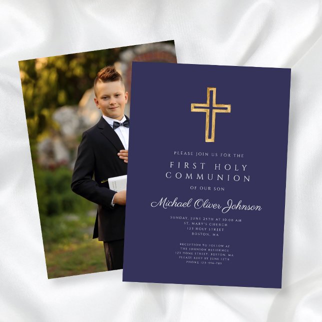Erste Kommune des Blue Cross Boy Foto Einladung (Navy Blue Cross Boy Photo First Communion Invitation)