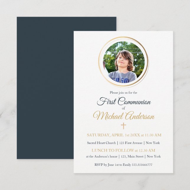 Erste Kommune des Navy Blue und Gold Custom Foto Einladung (Vorne/Hinten)