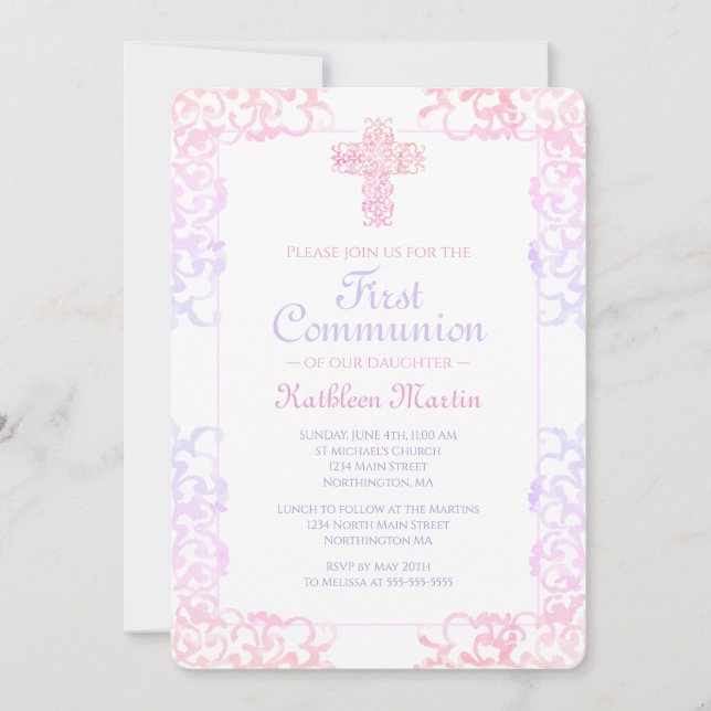 Erste Kommune Elegante Pastel Damask Cross Girl Einladung (Vorderseite)
