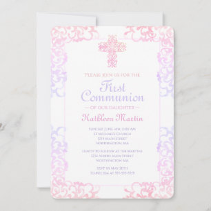 Erste Kommune Elegante Pastel Damask Cross Girl Einladung