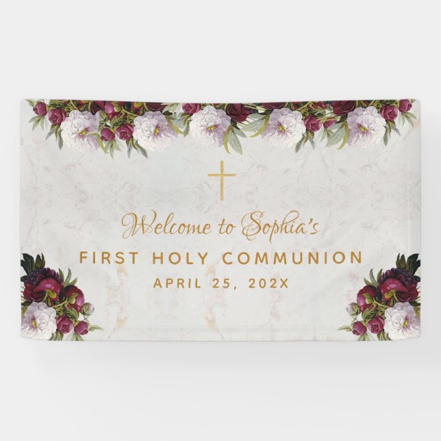 Erste Kommune Floral Burgundy Peonies Willkommen Banner (Horizontal)