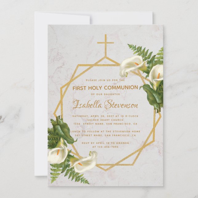 Erste Kommune Floral Gold Marmor Calla Lilies Einladung (Vorderseite)