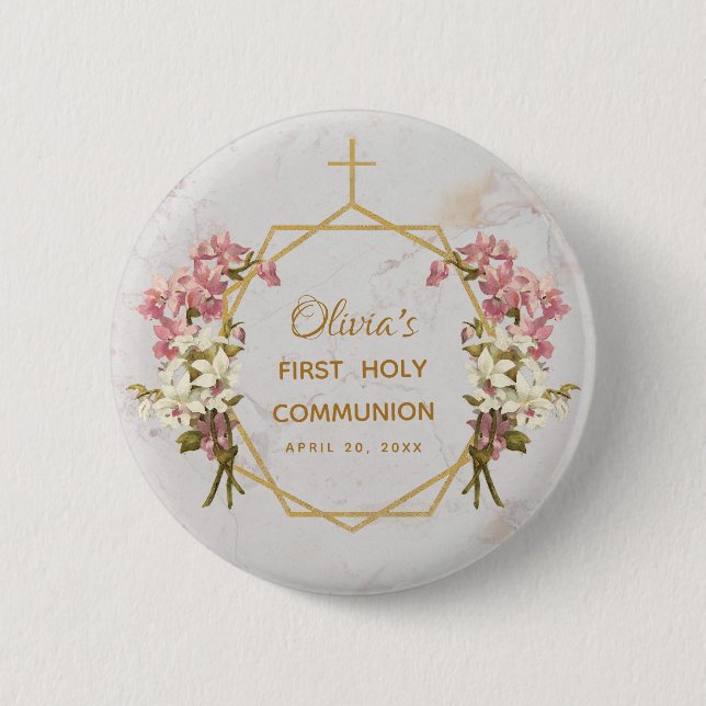 Erste Kommune Floral Gold Marmor Rosa Orchideen Button (Vorderseite)