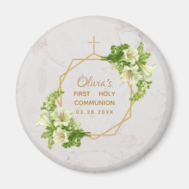 Erste Kommune Floral White Lilies Marble Gold Magnet (Vorne)