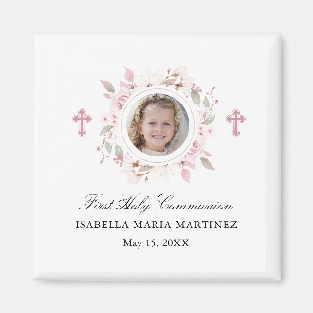 Erste Kommune Foto Rosa Blume Kreuz Gefallen Magnet (Vorne)