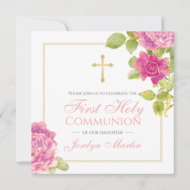 Erste Kommune Gold Cross Rosa Roses Bläschen Einladung (Vorderseite)