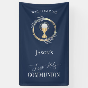 Erste Kommune Klassiker Blau und Imitat Goldkreis Banner