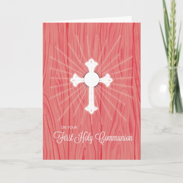 Erste Kommune Kreuz und Strahlen auf rosa Holz Karte (Vorderseite)