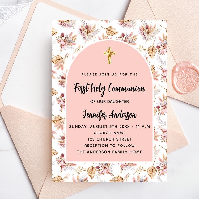 Erste Kommune Pampas Blume Rose Gold Rosa Mädchen Einladungspostkarte (Von Creator hochgeladen)