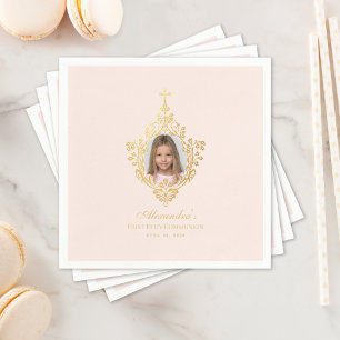 Erste Kommune Pink Girl Foto Imitate Gold Cross Serviette