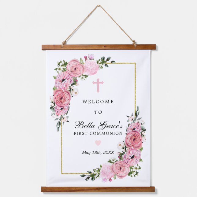 Erste Kommune Rosa Blumengeflecht Willkommenszeich Wandteppich Mit Holzrahmen (Vorderseite)