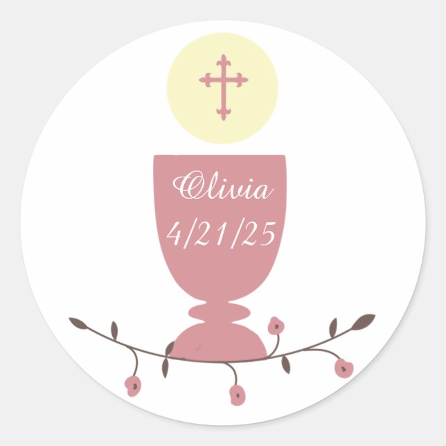 Erste Kommune, rosa Chalice mit Kreuz Runder Aufkleber (Vorderseite)
