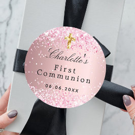 Erste Kommune Rosa Glitzer Glitzern Mädchen Runder Aufkleber