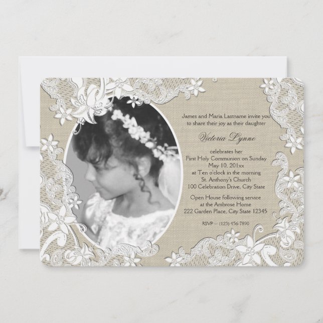 Erste Kommune Rustikale Flora mit Foto Einladung (Vorderseite)