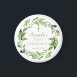 Erste Kommune Soft Green Leaf Magnet<br><div class="desc">Schönes handgemaltes Aquarelldesign mit einem weichen grünen Blattkranz und Kreuz.</div>
