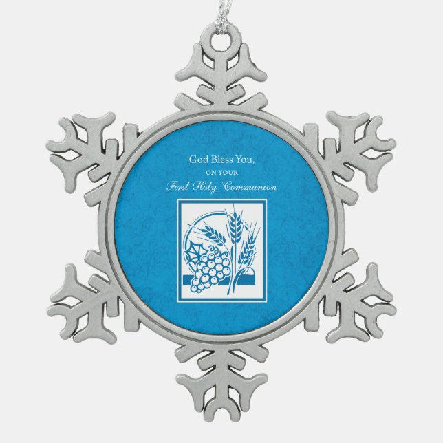 Erste Kommune, Weizen, Trauben blau Schneeflocken Zinn-Ornament (Vorderseite)
