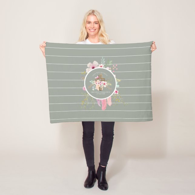Erste Kommunion Blumenkreuz Girls Sage Pink Fleecedecke (Beispiel)