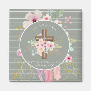 Erste Kommunion Blumenkreuz Girls Sage Pink Magnet