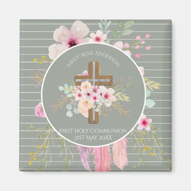 Erste Kommunion Blumenkreuz Girls Sage Pink Magnet (Vorne)