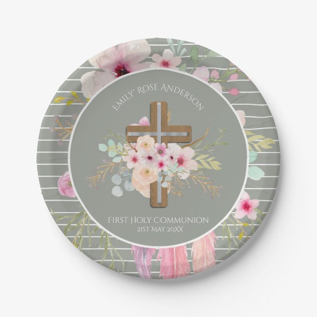 Erste Kommunion Blumenkreuz Girls Sage Pink Pappteller (Vorderseite)