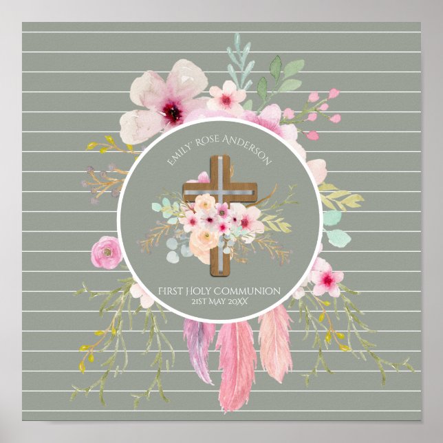 Erste Kommunion Blumenkreuz Girls Sage Pink Poster (Vorne)