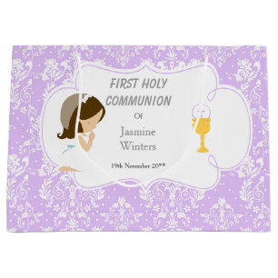 Erste Kommunion Brünett Hair Girl Danke Große Geschenktüte