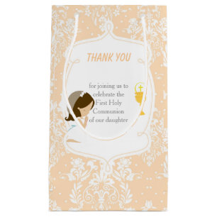 Erste Kommunion Brünett Hair Girl Danke Kleine Geschenktüte