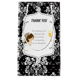 Erste Kommunion Brünett Hair Girl Danke Kleine Geschenktüte