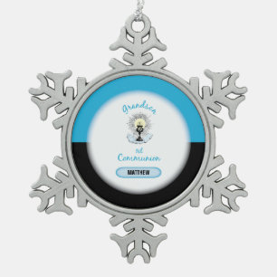 Erste Kommunion des Enkels, blauer Becher Schneeflocken Zinn-Ornament
