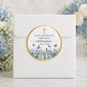 Erste Kommunion des Jungen Goldkreuz Blaue Blumen Runder Aufkleber