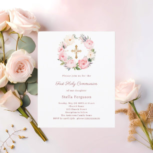 Erste Kommunion-Einladung mit rosa floralem Kreuz