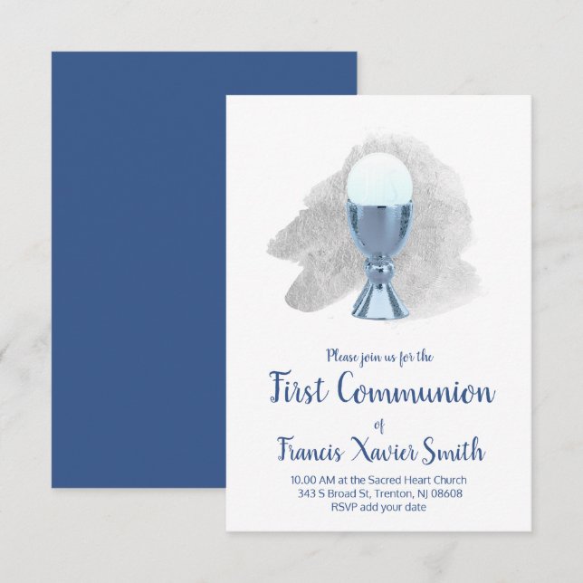 erste Kommunion elegante blaue Kalice Einladung (Vorne/Hinten)