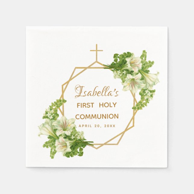 Erste Kommunion Floral Lilies Gold Cross Serviette (Vorderseite)
